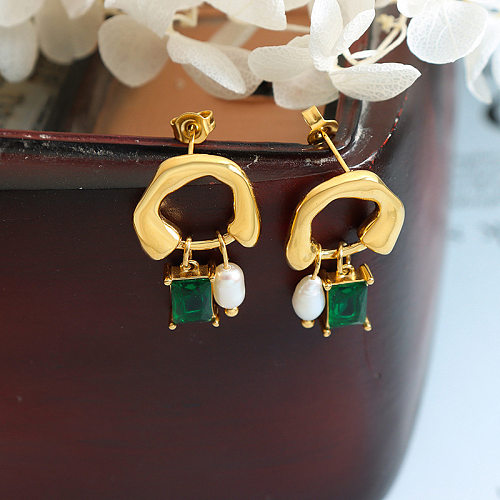 Boucles d'oreilles pendantes carrées en acier inoxydable, Style ethnique, incrustation de pierre de verre, 1 paire
