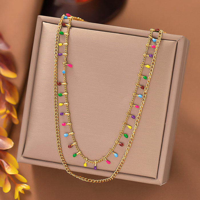 Lässige, runde, mehrschichtige Halsketten aus Edelstahl mit Emaille-Perlenbeschichtung im IG-Stil