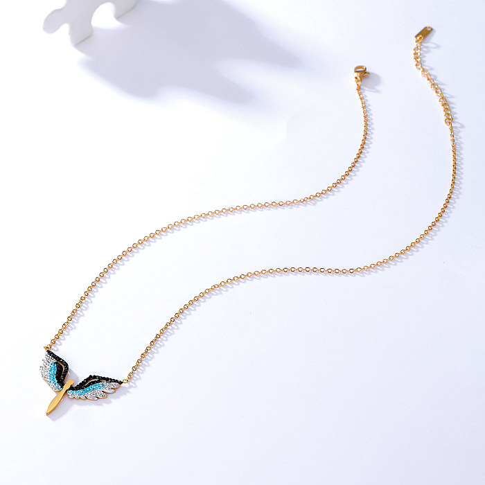 Moda transfronteiriça venda quente design criativo cor de aço inoxidável ab lama diamante asas de anjo colar de corrente de clavícula