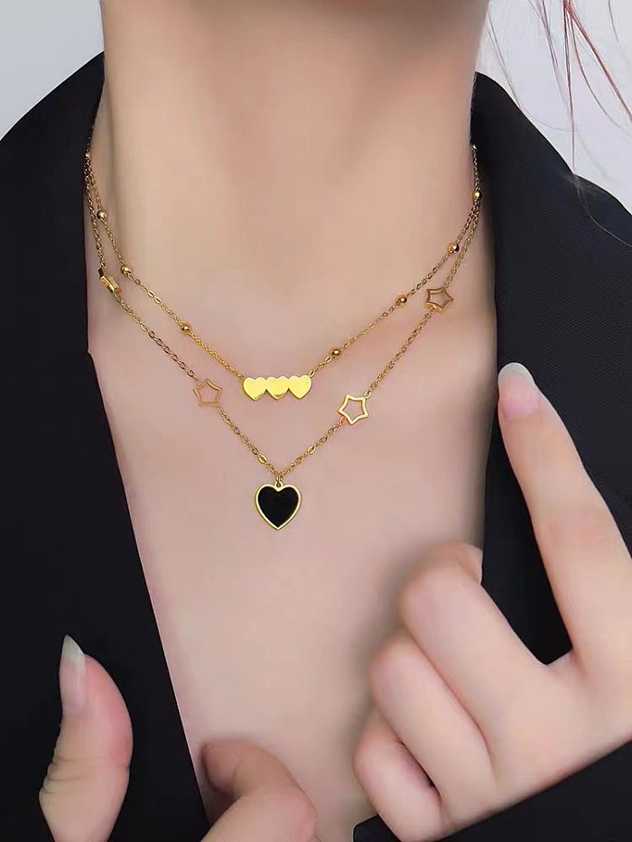 Luxuoso pentagrama em formato de coração, revestimento de aço inoxidável, colar com pingente banhado a ouro 18K