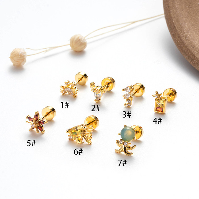 1 Piece Lady Vacation Classic Style Starfish Hippocampus Octopus Plating Inlay Stainless Steel  Copper Zircon 18K Gold Plated Rhodium Plated Ear Studs