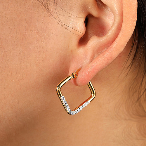 1 paire de boucles d'oreilles carrées en acier inoxydable, avec incrustation de strass
