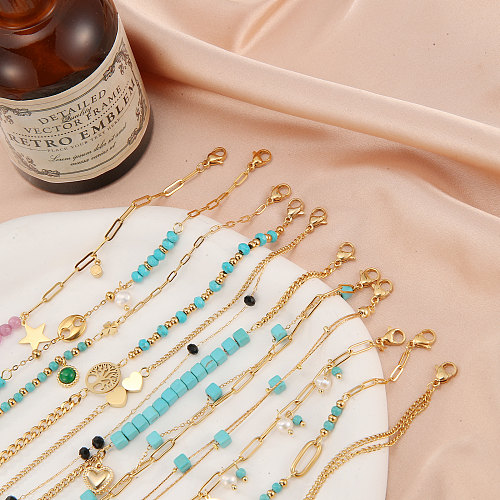 Bracelets plaqués or 18 carats en acier inoxydable, Style ethnique rétro, étoile, arbre, forme de cœur, incrustation de perles, Zircon Turquoise