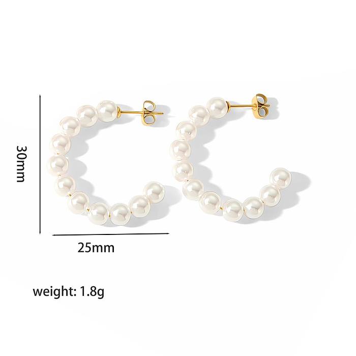 1 Pair Lady C Shape Beaded Inlay Stainless Steel  Artificial Pearls 18K Gold Plated Earrings