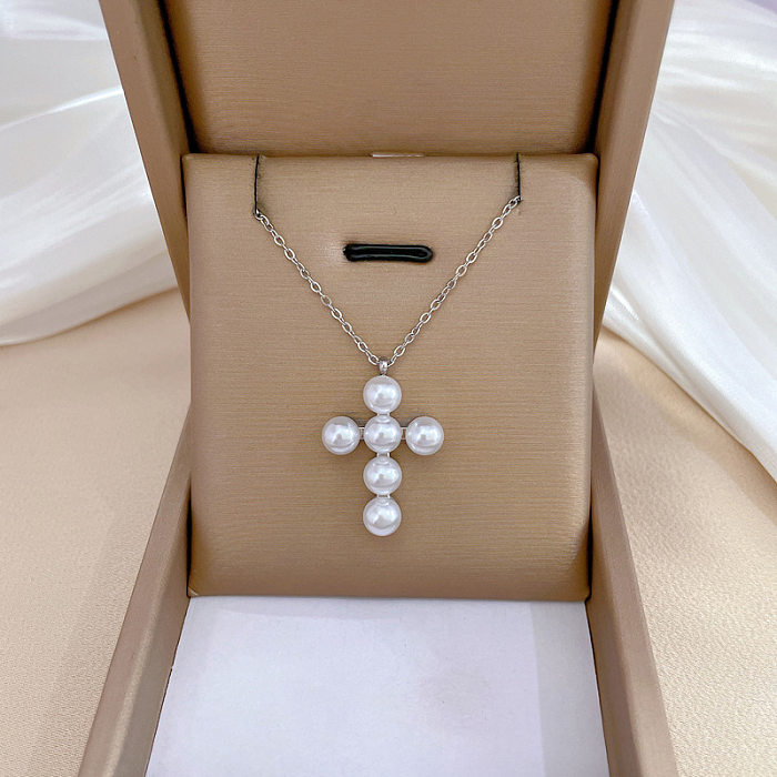 Basic Modern Style Korean Style Cross Stainless Steel Inlay Artificial Pearls Pendant Necklace