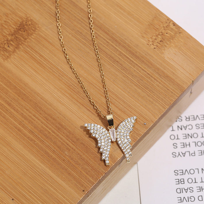 Elegant Glam Lady Butterfly Stainless Steel  Plating Inlay Zircon 18K Gold Plated Pendant Necklace