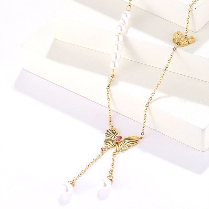 Simple Style Classic Style Butterfly Stainless Steel  Plating Inlay Artificial Rhinestones 18K Gold Plated Double Layer Necklaces