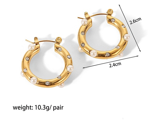 1 Paar Damen-Creolen mit runden Punkten und Inlay aus Edelstahl mit künstlichen Perlen und Zirkonen
