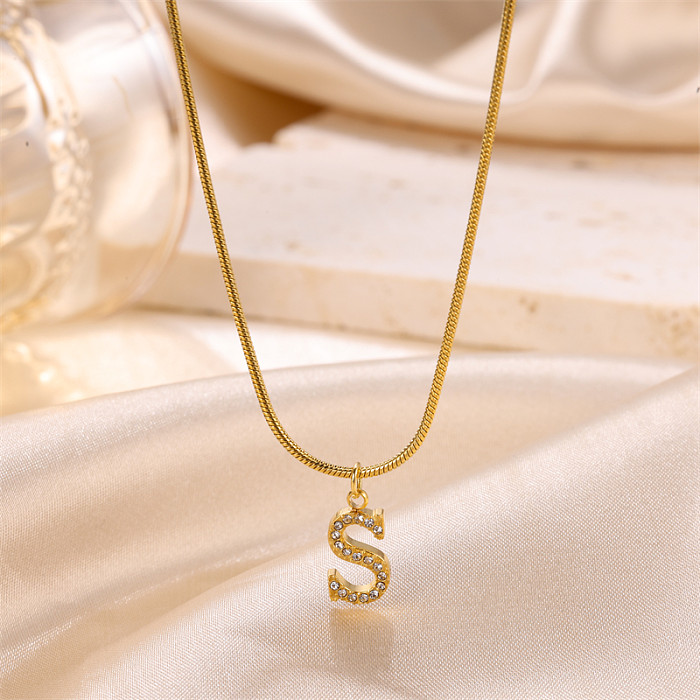Sweet Simple Style Artistic Letter Stainless Steel  Plating Inlay Artificial Diamond 18K Gold Plated Pendant Necklace