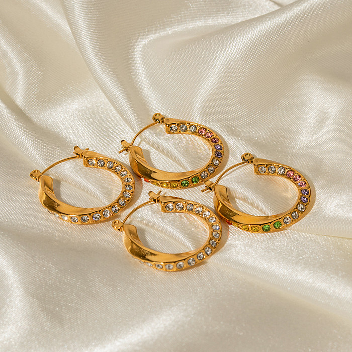 1 Paar moderne Creolen mit runder Beschichtung und Inlay aus Edelstahl mit künstlichem Diamant und 18 Karat vergoldet