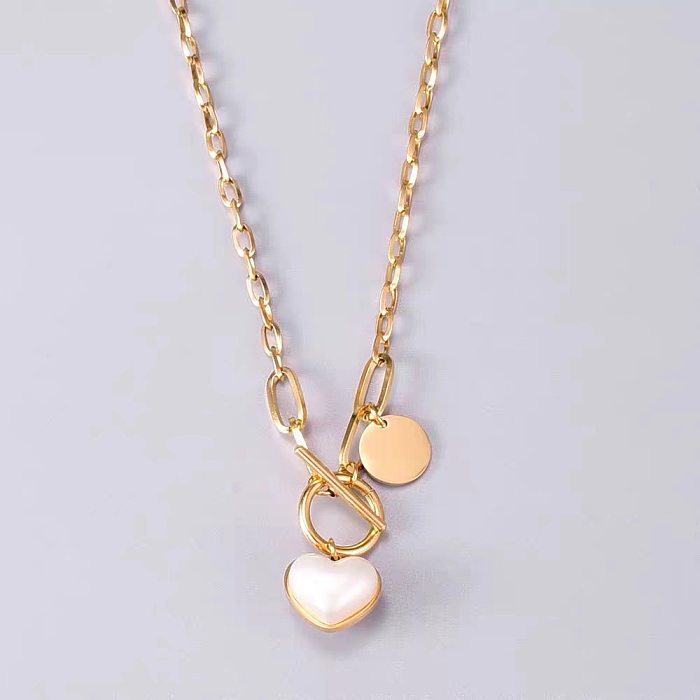 Simple Style Commute Heart Shape Stainless Steel Inlay Shell Layered Necklaces