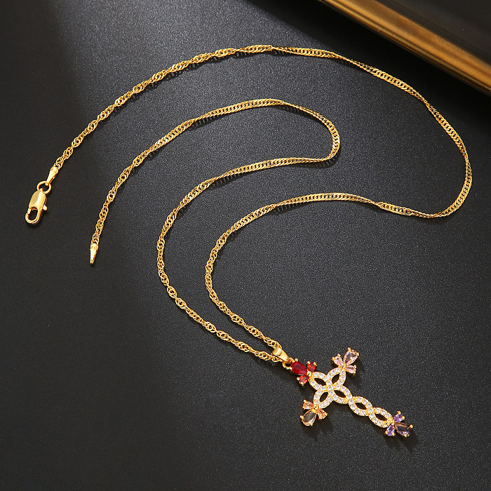 Simple Style Cross Stainless Steel  Plating Inlay Zircon 18K Gold Plated Pendant Necklace