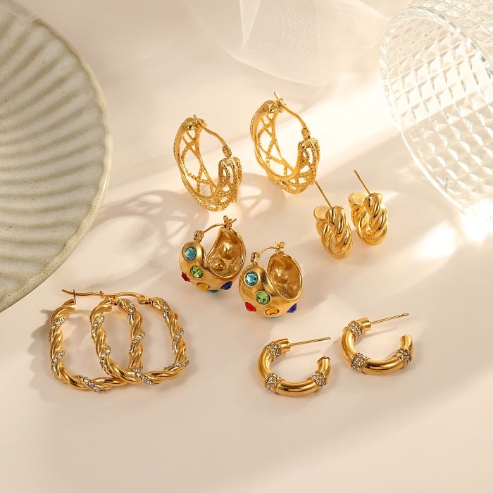 1 Paar Ohrringe im britischen Stil mit C-förmigem Überzug und Inlay aus Edelstahl mit Diamanten und 18-karätiger Vergoldung