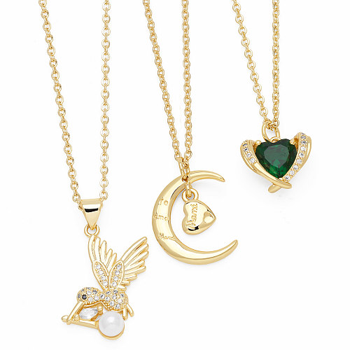 Elegant Modern Style Moon Heart Shape Bird Stainless Steel  Copper Plating Inlay Zircon 18K Gold Plated Pendant Necklace