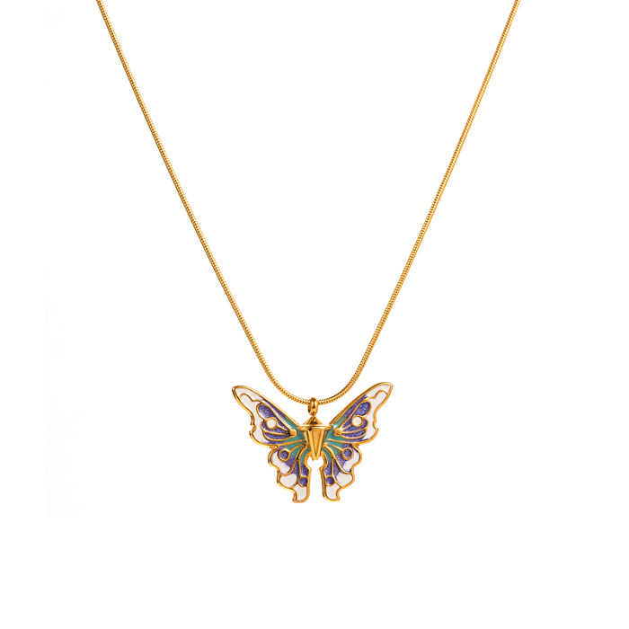 Fashion Rose Butterfly Stainless Steel  Gold Plated Pendant Necklace 1 Piece