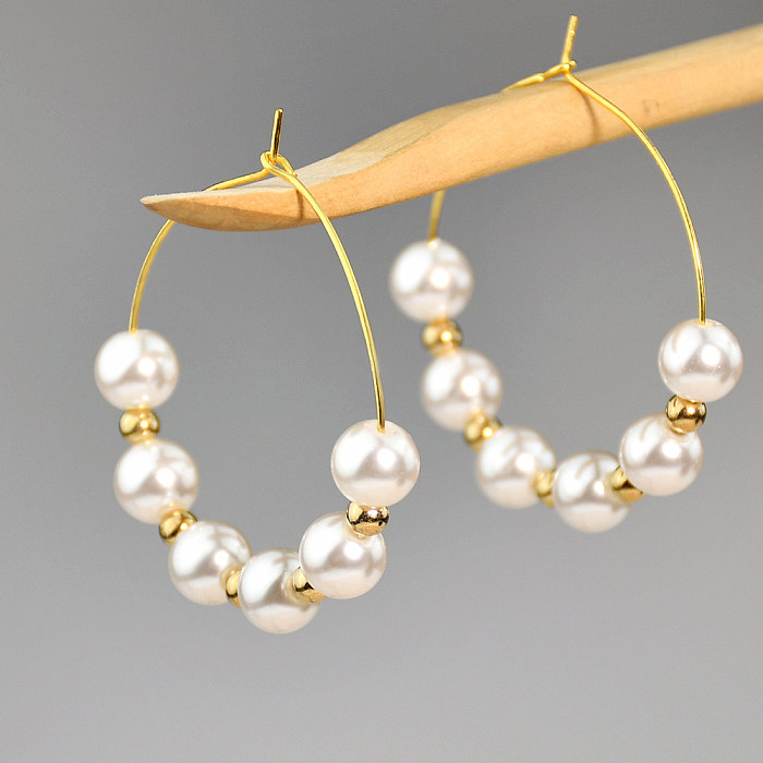 1 Pair Elegant Round Beaded Plating Stainless Steel  Artificial Pearl Gold Plated Drop Earrings