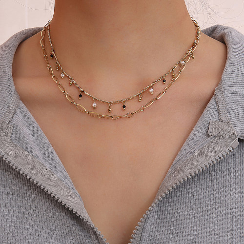Modische geometrische Edelstahl-Halsketten mit Überzug aus künstlichen Perlen, Edelstahl-Halsketten, 1 Stück