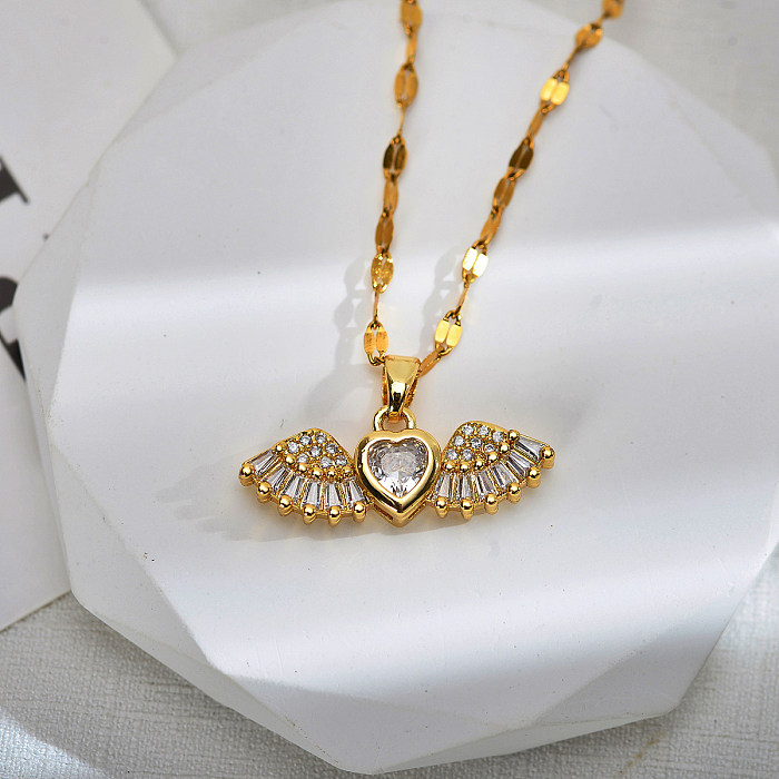 Sweet Wings Bow Knot Stainless Steel Copper Inlay Zircon Pendant Necklace