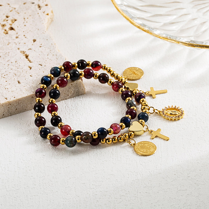 Coole Art-Portrait-Kreuz-Teufelsauge-Armbänder aus Edelstahl mit künstlichen Perlen und vergoldeten künstlichen Edelsteinen im Großhandel