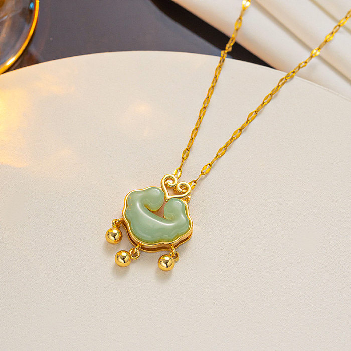 Chinoiserie Retro Clouds Stainless Steel Plating Inlay Artificial Gemstones Pendant Necklace