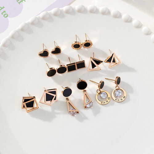 1 Pair Vintage Style Simple Style Roman Style Triangle Inlay Stainless Steel Shell Zircon Ear Studs