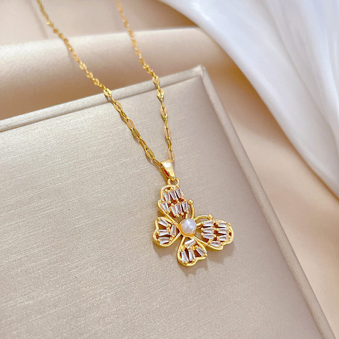 IG Style Korean Style Butterfly Stainless Steel  Copper Plating Inlay Artificial Pearls Zircon Pendant Necklace