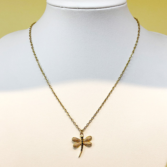 Casual Simple Style Dragonfly Stainless Steel  Plating Inlay Zircon 14K Gold Plated Pendant Necklace Long Necklace