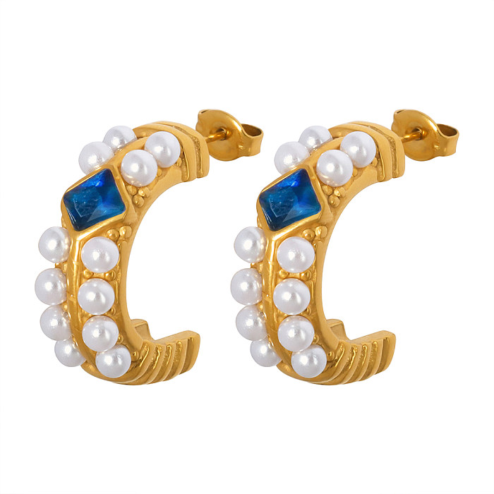 1 Pair Elegant Baroque Style C Shape Stainless Steel Plating Inlay Artificial Pearls Diamond 18K Gold Plated Ear Studs