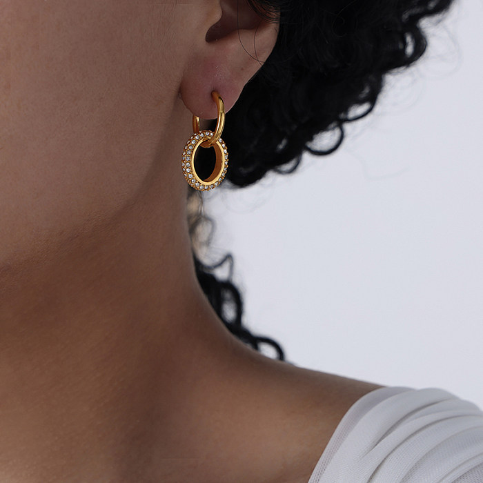 1 Paar elegante, luxuriöse Doppelring-Beschichtungs-Inlay-Ohrringe aus Edelstahl mit Strasssteinen und 18 Karat vergoldet