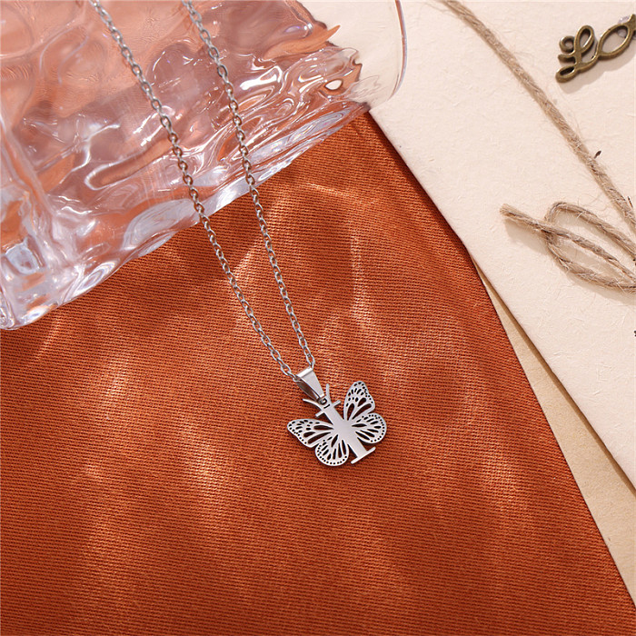 Romantic Simple Style Letter Butterfly Stainless Steel  Plating Hollow Out 18K Gold Plated Pendant Necklace