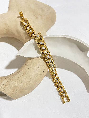 Bracelets de perles artificielles plaqués or 18 carats, Style Hip-Hop rétro Simple, géométrique, incrustation en acier inoxydable, vente en gros