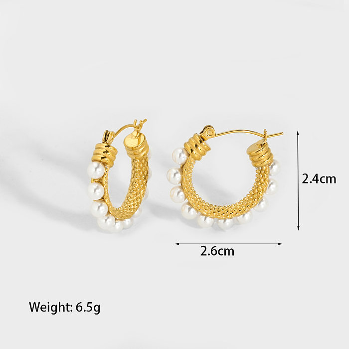 Pendientes de perlas con incrustaciones chapados en acero inoxidable circulares de estilo simple 1 par