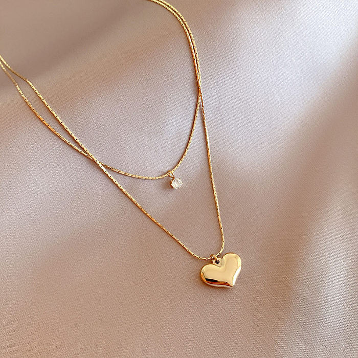 IG Style Heart Shape Stainless Steel Plating Inlay Zircon 18K Gold Plated Layered Necklaces