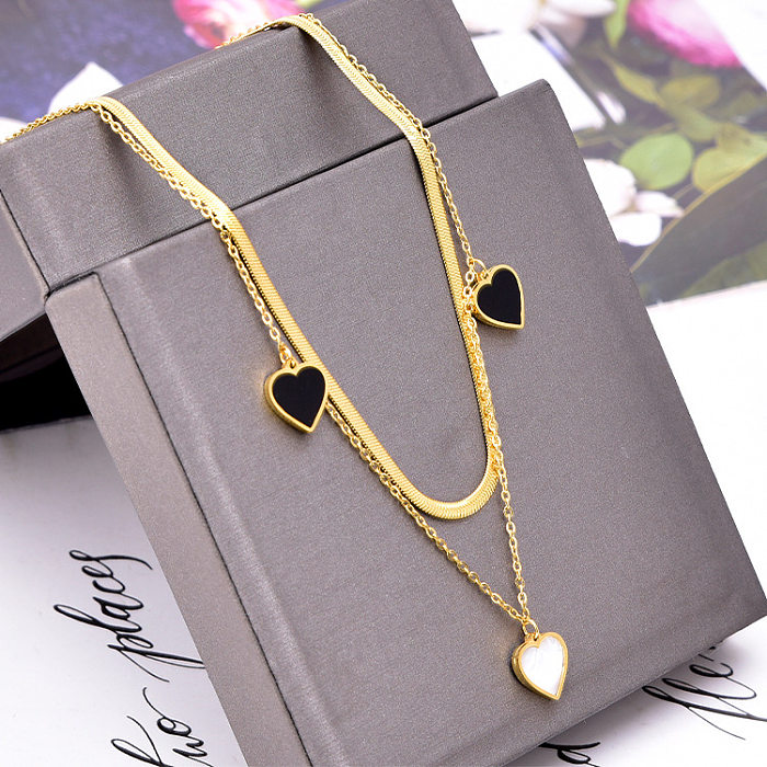 Simple Style Heart Shape Stainless Steel Plating Inlay Shell 18K Gold Plated Layered Necklaces