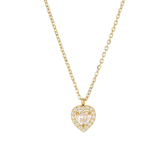Collier pendentif en Zircon plaqué or blanc en acier inoxydable en forme de cœur de Style Simple en vrac