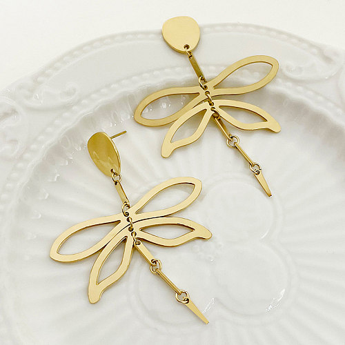 1 par elegante clássico doce libélula chapeado brincos banhados a ouro de aço inoxidável