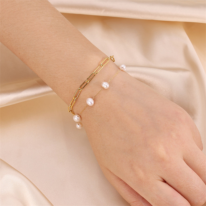 Pulseras de perlas de imitación de acero inoxidable ovaladas de estilo clásico