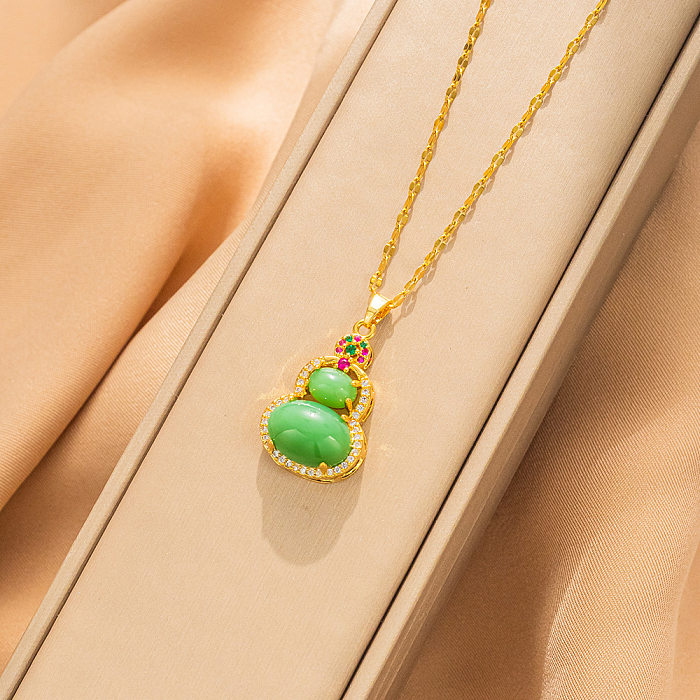 IG Style Gourd Stainless Steel Inlay Rhinestones Opal Pendant Necklace