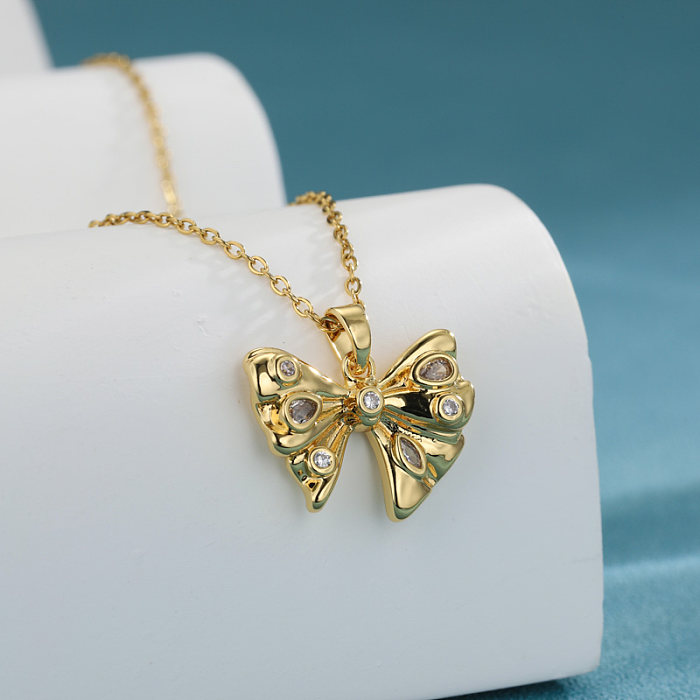 Wholesale 1 Piece Artistic Heart Shape Eye Bow Knot Stainless Steel  Stainless Steel 18K Gold Plated Gold Plated Zircon Pendant Necklace