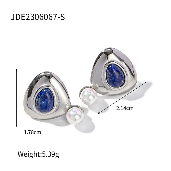 1 paire de clous d'oreilles plaqués or 18 carats, incrustation triangulaire élégante et décontractée, perles artificielles en acier inoxydable, Lapis Lazuli