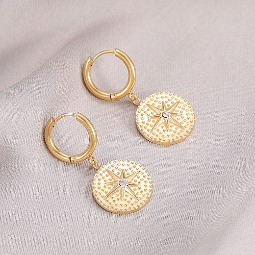 1 paire de boucles d'oreilles pendantes en acier inoxydable, Style Vintage, étoile, couleur unie, incrustation de strass, plaqué or 14 carats