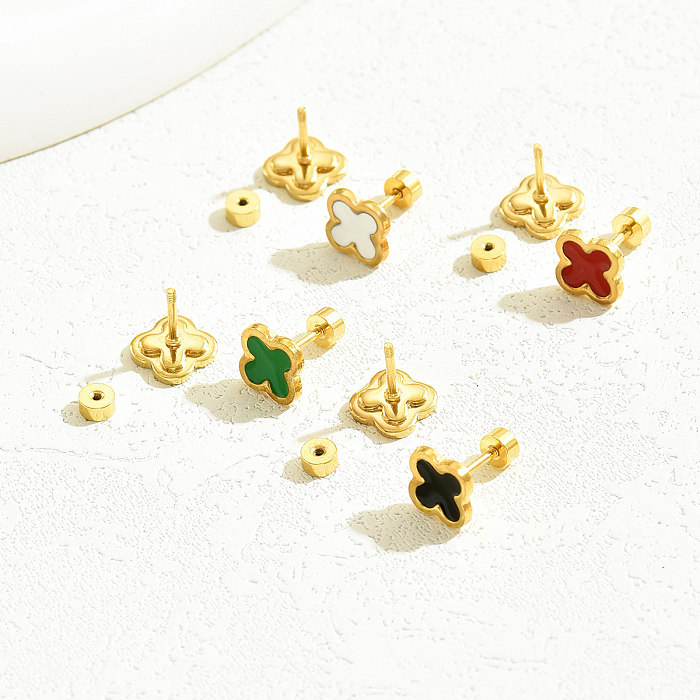 4 Pairs Preppy Style Sweet Four Leaf Clover Enamel Plating Stainless Steel  18K Gold Plated Ear Studs