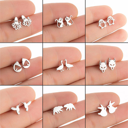 Simple Style Penguin Cat Octopus Stainless Steel  Plating Hollow Out Ear Studs 1 Pair