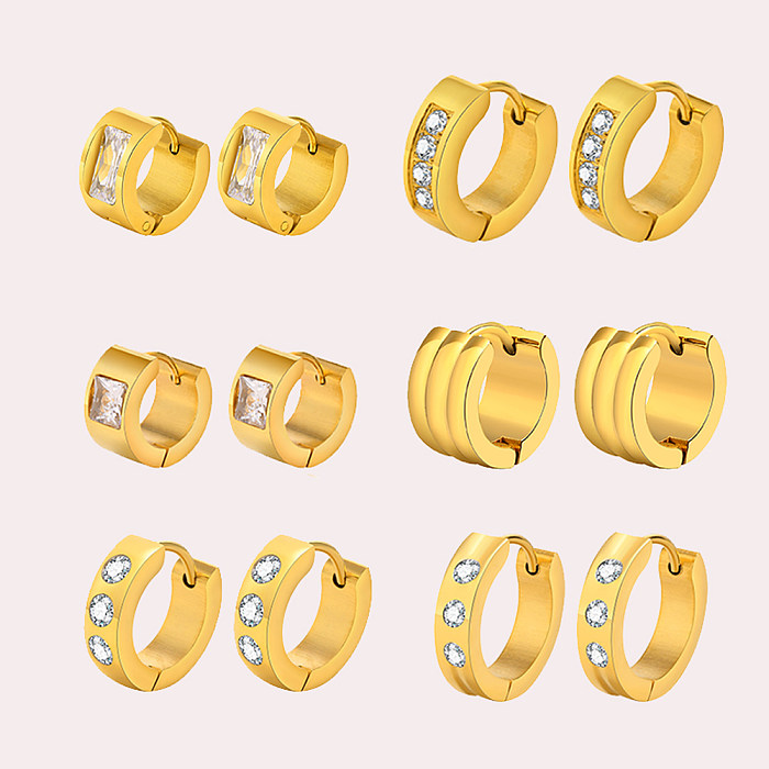 1 Pair Elegant Round Square Stripe Plating Inlay Stainless Steel  Zircon 18K Gold Plated Hoop Earrings
