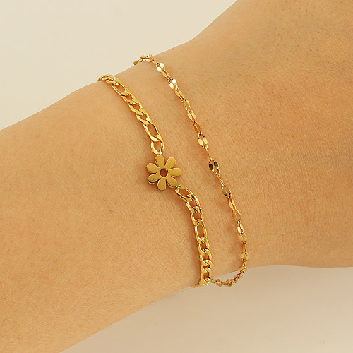 Casual Sweet Flower Stainless Steel Layered Plating 18K Gold Plated Bracelets