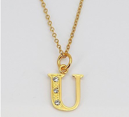 Einfache Halskette mit Buchstaben-Anhänger aus Edelstahl mit Intarsien und Strasssteinen