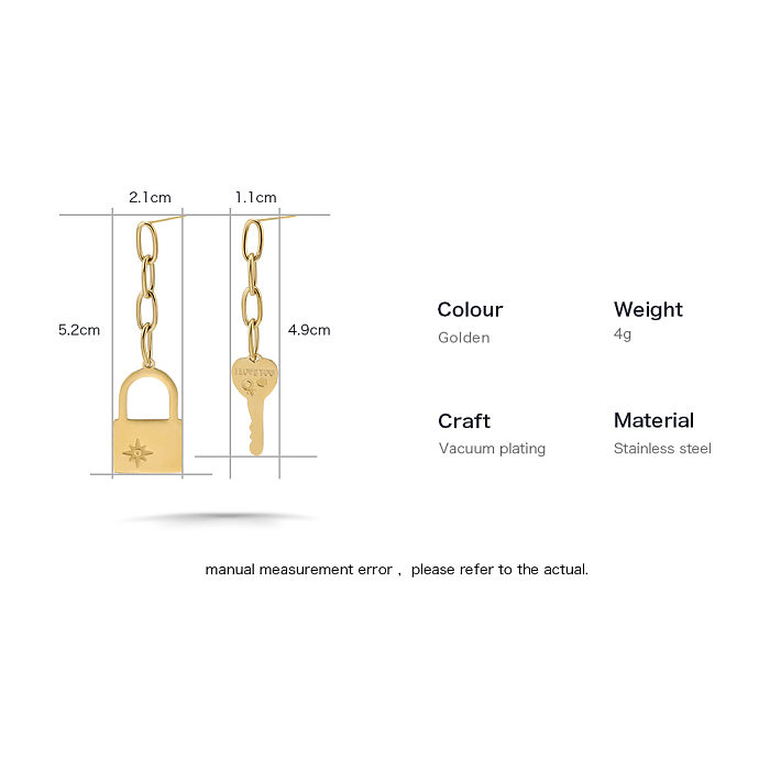 Fashion New Key Lock Stainless Steel  Long Earrings Asymmetric Stainless Steel Earrings