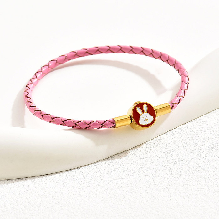 Casual Cute Rabbit Stainless Steel Pu Leather Braid Wristband
