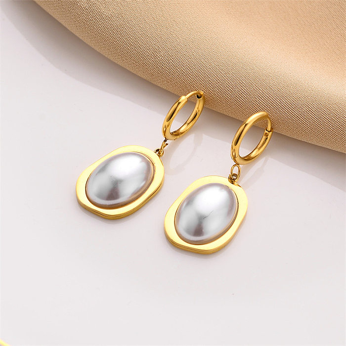 Pendientes colgantes de perlas artificiales con incrustaciones de acero inoxidable geométricos retro 1 par