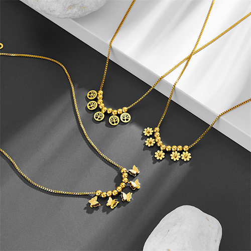 INS Style Casual Tree Butterfly Daisy Stainless Steel Plating 18K Gold Plated Pendant Necklace